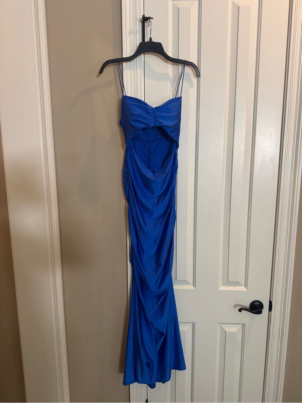 Crystal Doll Royal Blue Satin Maxi Dress with Spaghetti Straps
